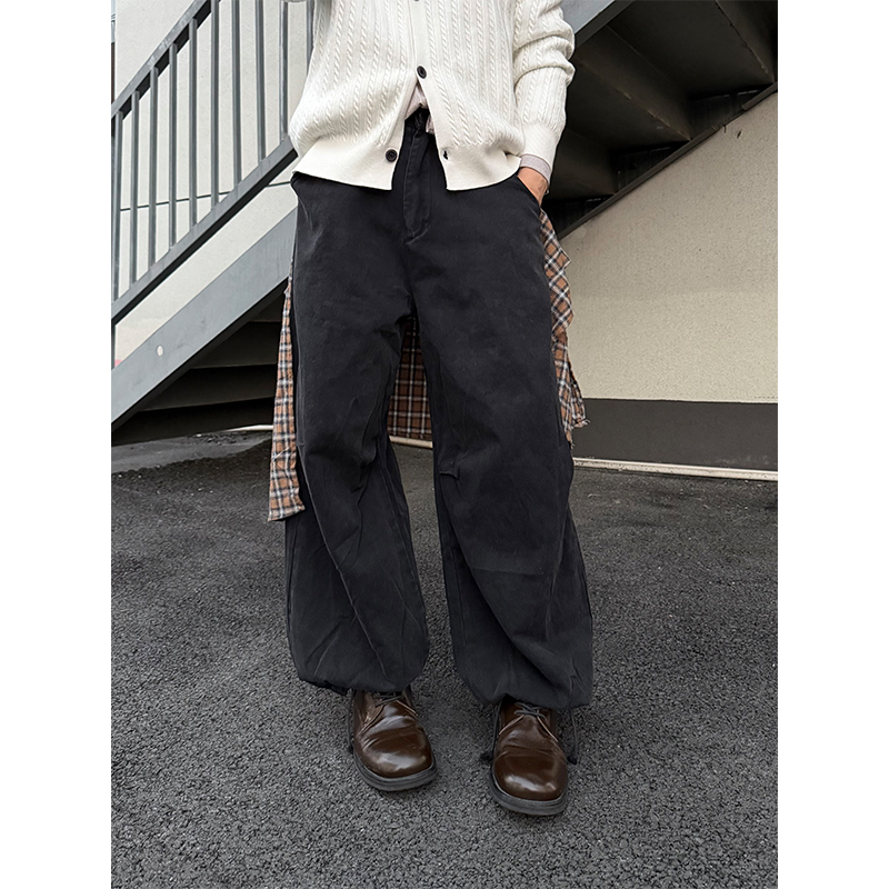 NECOYEP 美式格子拼接假两件可拆卸牛仔裤男女宽松直筒阔腿长裤