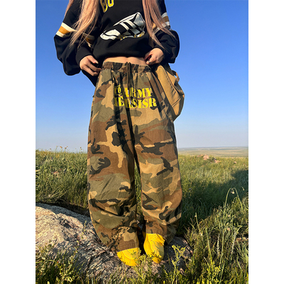 NECOYEP 美式字母印花松紧腰直筒迷彩裤男女宽松百搭潮流阔腿长裤