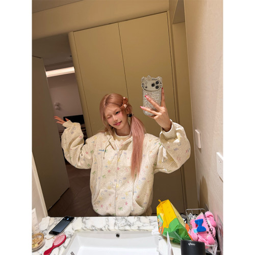 NECOYEP 美式慵懒风星星满印连帽开衫卫衣男女春秋简约休闲外套