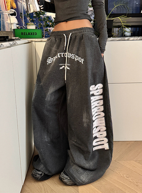 NECOYEP 美式做旧字母印花抽绳阔腿休闲裤男女宽松百搭拖地长裤