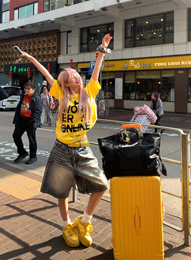 NECOYEP 2025夏美式复古廓形阔腿五分牛仔裤男女宽松休闲高街短裤