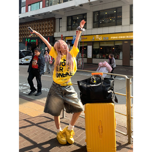 NECOYEP 2025夏美式复古廓形阔腿五分牛仔裤男女宽松休闲高街短裤