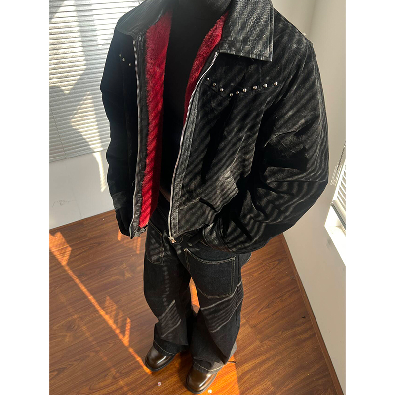 NECOYEP 2025春季美式座山蟒拼皮翻领夹克棉服男女高级感宽松外套