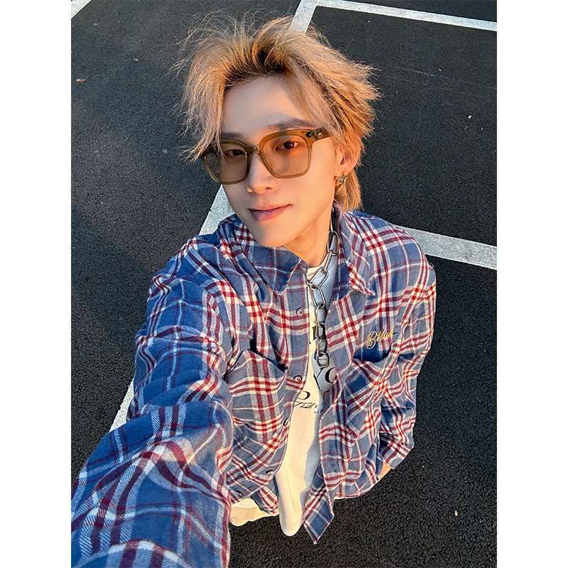 NECOYEP 2025美式潮牌刺绣格纹设计感长袖衬衫男女休闲潮流外套