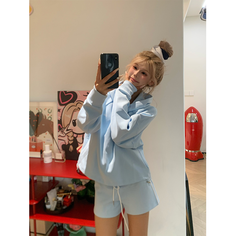 NECOYEP 美式基础款连帽开衫卫衣男女运动休闲直筒三分裤两件套