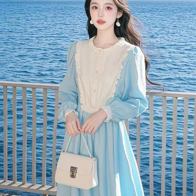 2025春季超火清纯掐腰裙子独特绝美小香风收腰蓝色拼接衬衫连衣裙