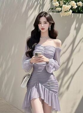 紫色一字肩雪纺连衣裙2025早春新款超仙约会钓系不规则荷叶边长裙