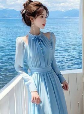 2025春装新款法式漂亮富家千金高级感穿搭气质名媛蓝色连衣长裙子