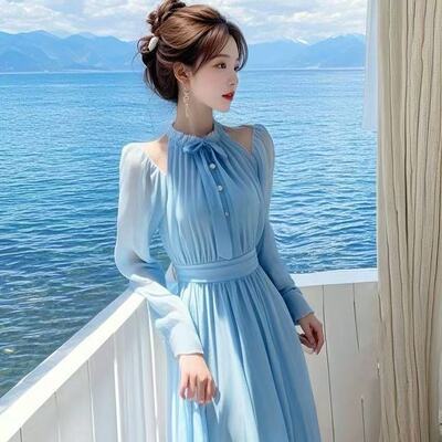 2025春装新款法式漂亮富家千金高级感穿搭气质名媛蓝色连衣长裙子