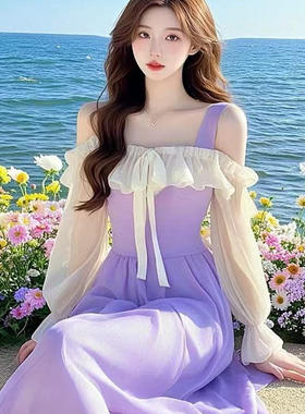 2025春季多巴胺绝美气质修身度假风紫色荷叶边拼接连衣裙