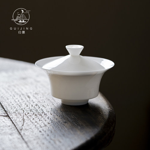 归景丨雪盏丨手工薄胎不烫手骨瓷盖碗陶瓷纯白马蹄高档泡茶茶具