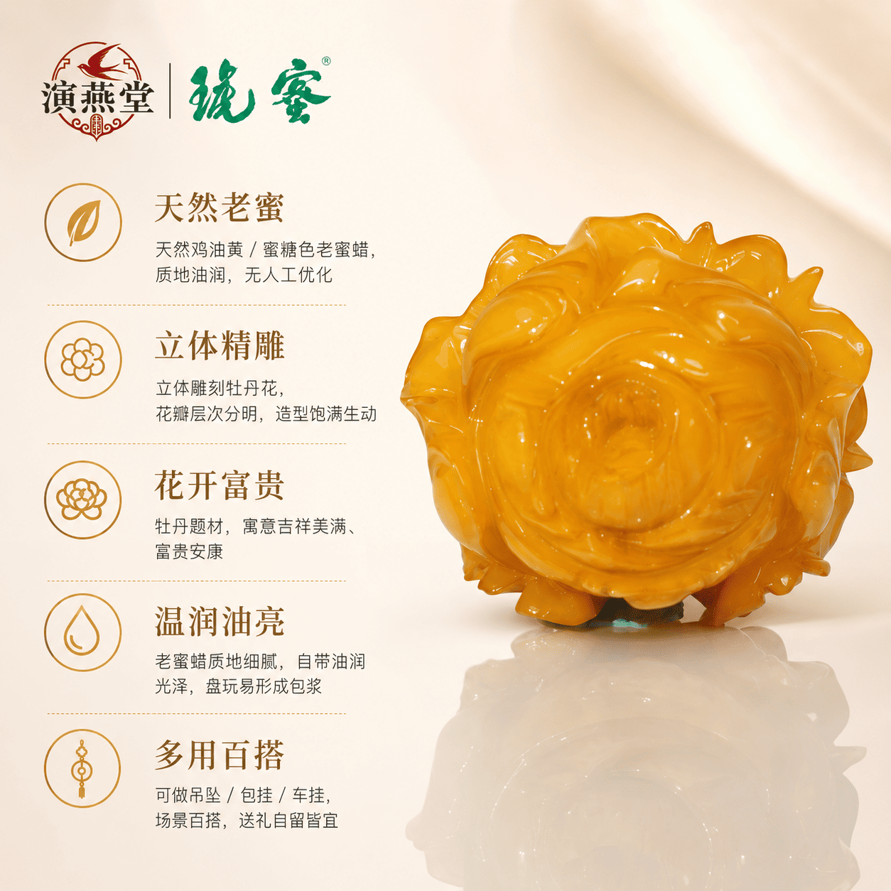 演燕堂蜜琥天然老蜜蜡玫瑰花立体精雕温润油亮多用百搭吊坠挂件
