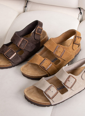 BOKU勃肯夏季一字带复古真皮软木厚底搭扣博肯女休闲凉拖鞋Milano