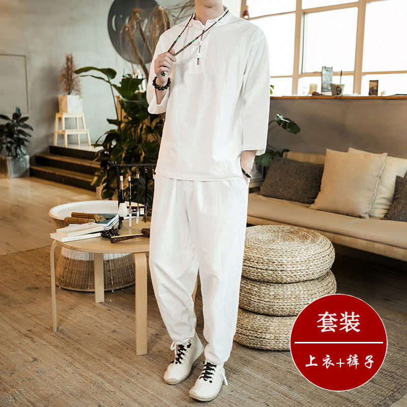 套装中国风男装长袖茶服亚麻棉麻佛系汉服居士服禅服禅修服古装秋