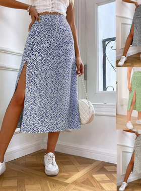 Women floral skirt 欧美碎花半身裙开叉字包臀中腰长裙