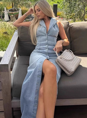 Women sexy dress 欧美风时尚浅蓝色性感纽扣牛仔长裙连衣裙