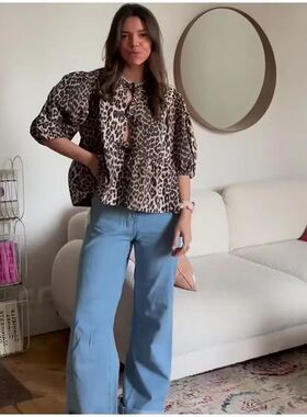 欧美女衬衫豹纹气质休闲泡泡短袖衬衣Casual short sleeved shirt