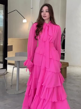 欧美秋季荷叶边拼接宫廷风设计感半高领连衣裙Sexy Evening Dress