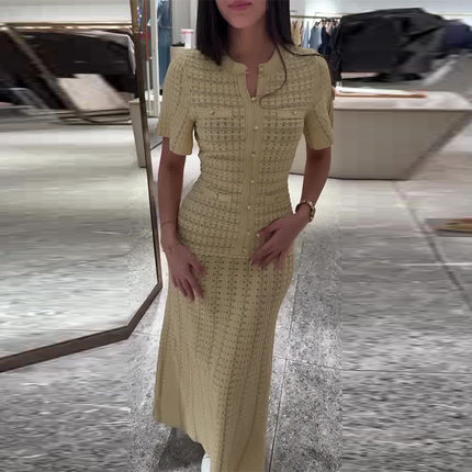 新款欧美风时尚女装短袖修身镂空修身型针织中长款浅黄色连衣裙
