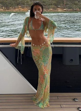度假风挂脖印花系带分体泳衣女性感比基尼沙滩套装Sexy Beach Set