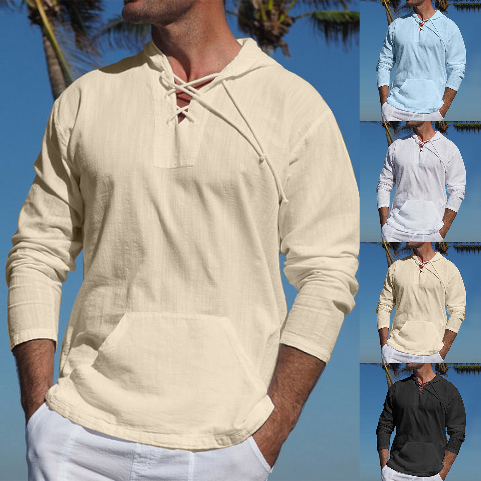 男式运动休闲热带绑带恤口袋装饰纯色连帽长袖潮流衬衣Men Shirts