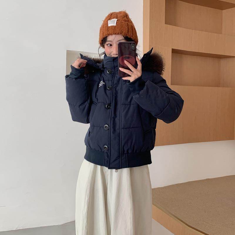 美式藏青色毛领短款棉衣女款爆款2025新款连帽冬季夹棉棉服外套女