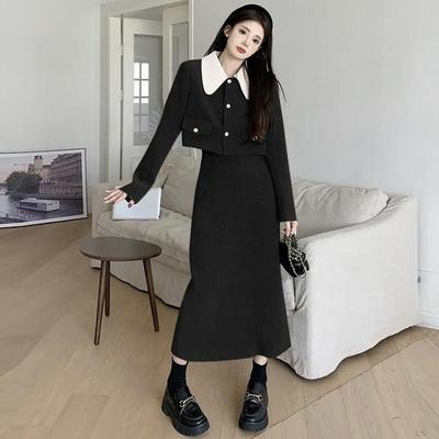 灯芯绒娃娃领短款外套中长款半身裙女2025秋冬新款法式两件套套装