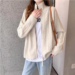 双拉链立领毛衣外套女春秋季大码胖mm设计感正肩上衣软糯针织开衫