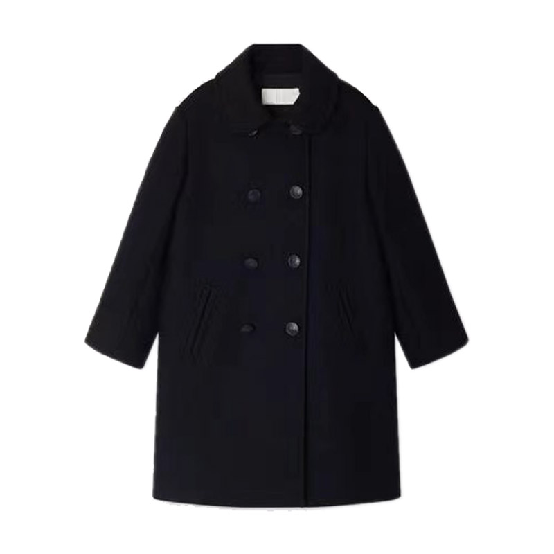 到160码 冬季新款 女童藏黑色双排扣中长款绵羊毛夹棉大衣 童装