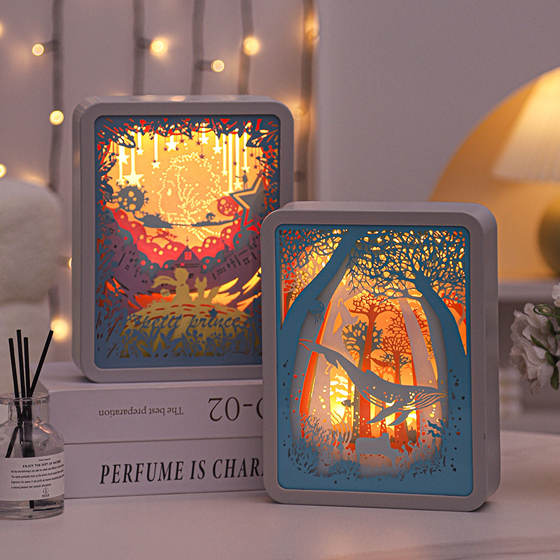 跨境3D彩色纸雕灯南江花月古风小夜灯床头氛围灯装饰画星球小王子