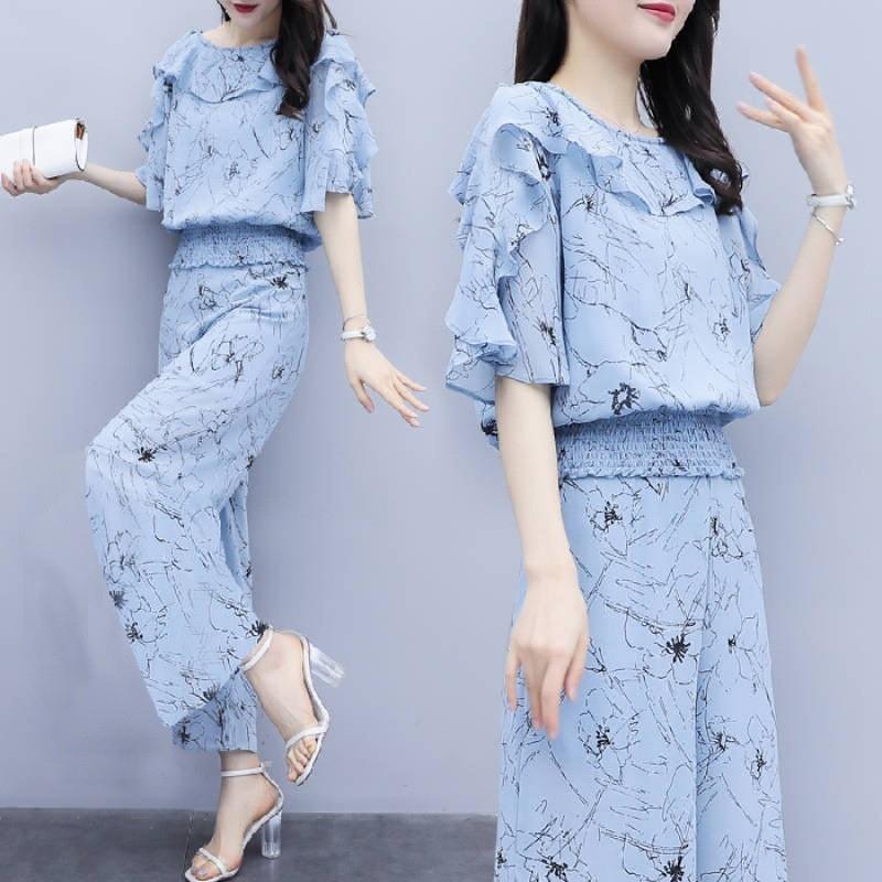 套装女2025新款雪纺衫夏季两件套碎花上衣阔腿九分裤休闲时尚套装