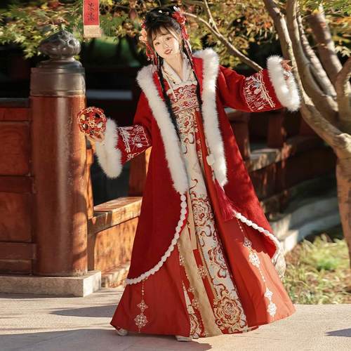 秀巅原创汉服女【凝花雪】唐制齐胸吊带裙毛领斗篷日常保暖秋冬款