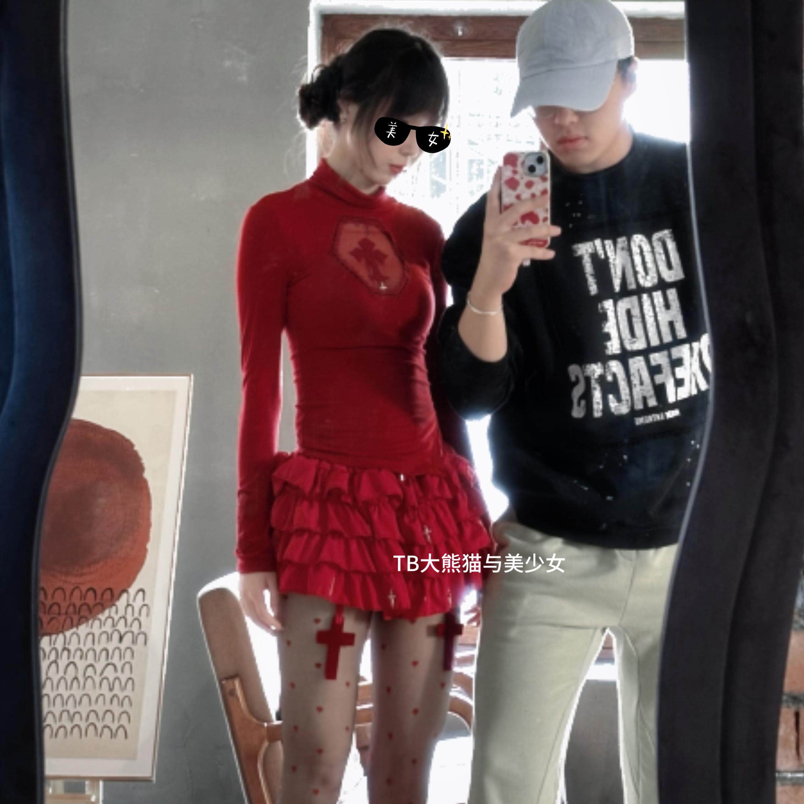 美式复古辣妹性感套装十字架镂空女修身高领紧身上衣打底衫蛋糕裙