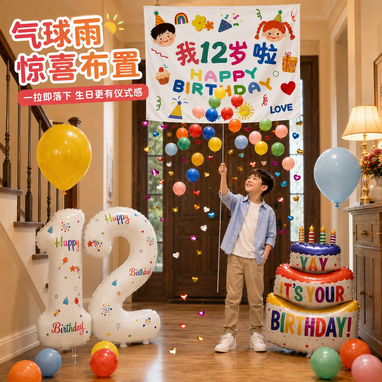 儿童生日气球雨瀑布拉绳布置场景装饰12岁宝宝男孩生家里派对挂布