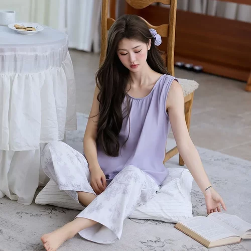 纯棉双层纱布女春夏薄款睡衣套装