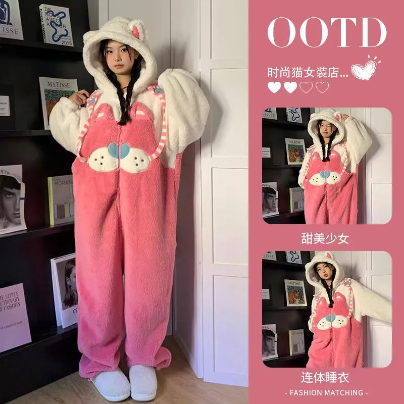 可爱卡通连帽珊瑚女冬款连体睡衣网红冬季加厚新款毛绒家居服外穿