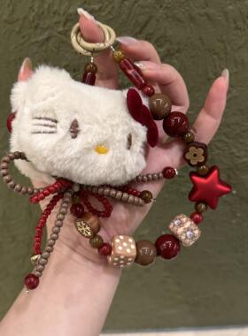 可爱Kitty红色手工串珠钥匙扣挂件包包挂饰毛绒串珠蝴蝶结手机饰