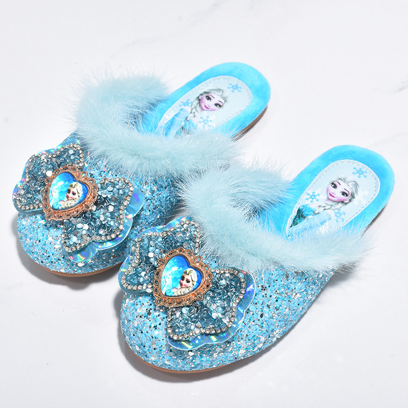 艾莎公主棉拖鞋室内居家防滑半拖儿童加绒保暖棉鞋女宝宝软底毛拖