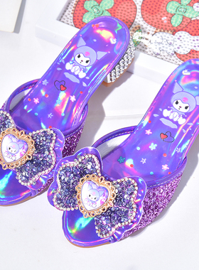 紫色儿童拖鞋库洛米公主鞋女童可爱防滑一字凉拖夏天卡通小高跟鞋