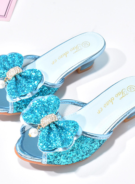冰雪奇缘蓝色儿童拖鞋夏款女童高跟鞋户外防滑公主水晶鞋小孩凉拖