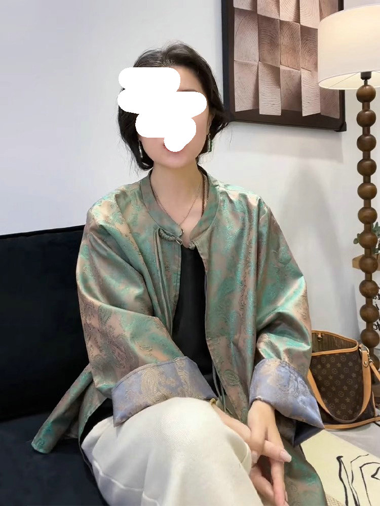 新中式国风绿色提花盘扣衬衫外套