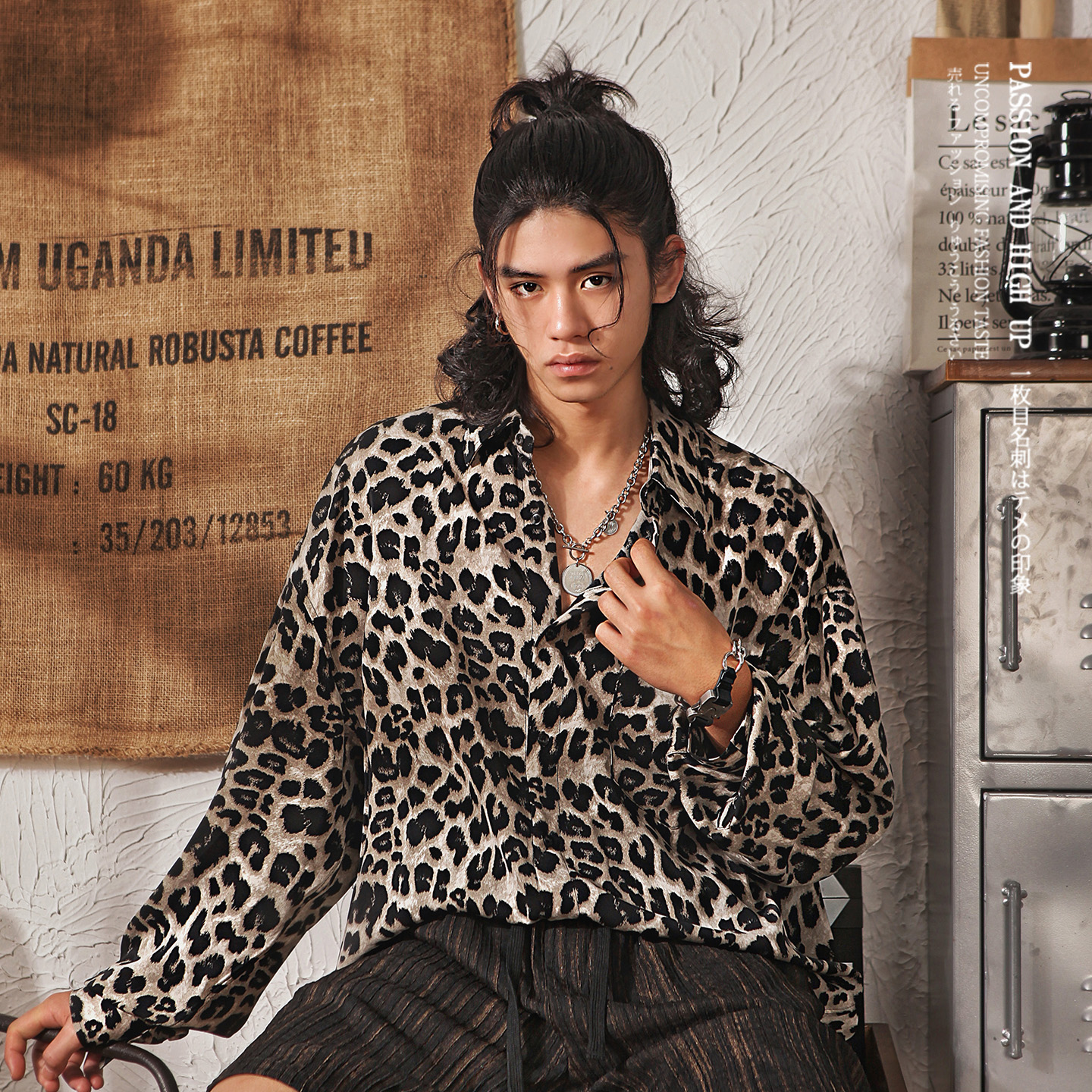 日系复古豹纹长袖衬衫男夏季薄款