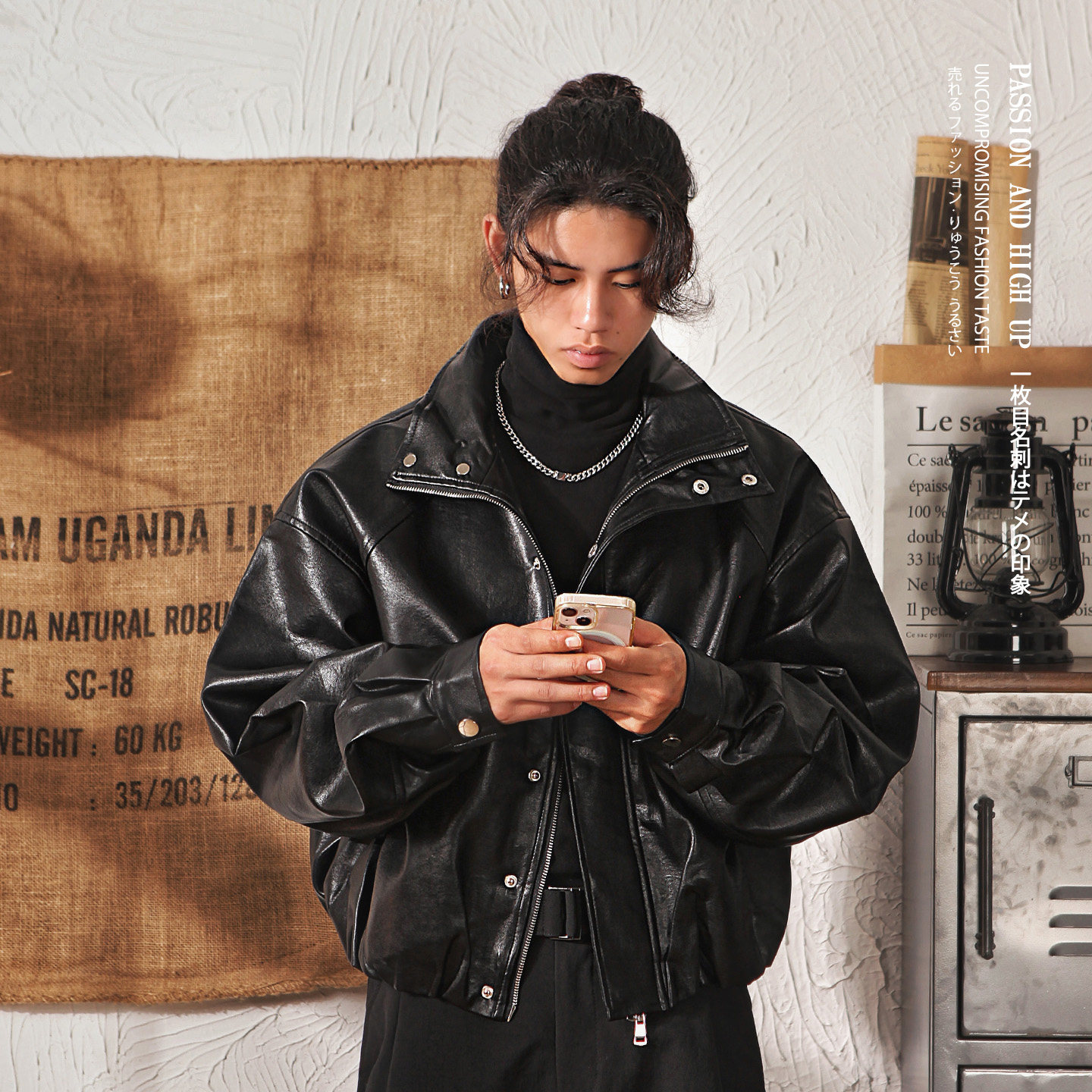 日系复古机车风皮衣男冬季黑色