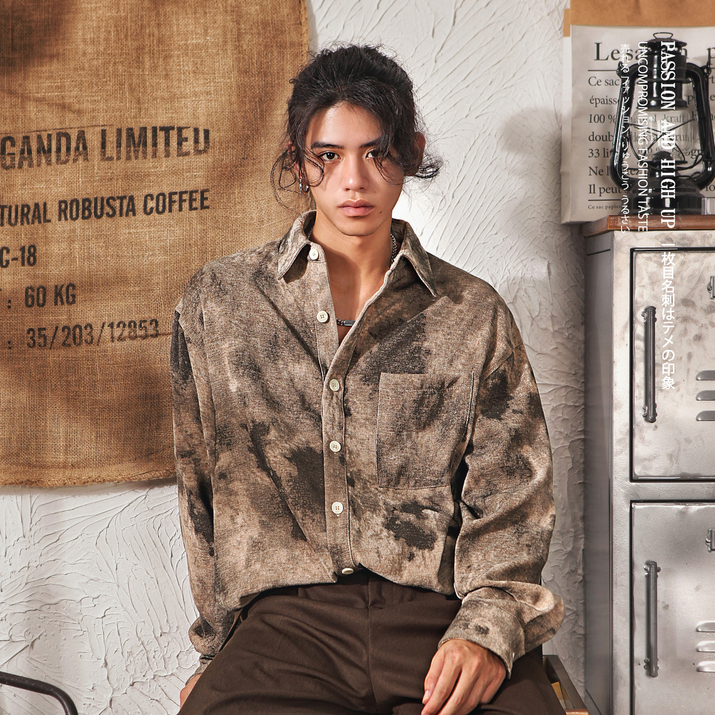 日系复古高级感长袖衬衫男秋冬季潮牌扎染宽松灯芯绒厚实衬衣外套