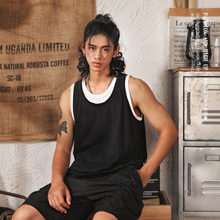 t恤 潮牌宽松坎肩无袖 日系复古小众设计感假两件拼接背心男款 夏季