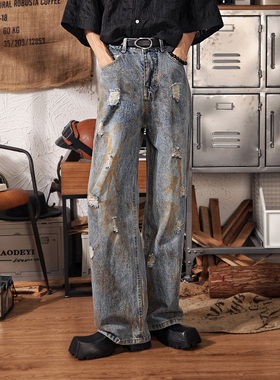 秋季设计感脏脏牛仔裤男美式潮牌dirtyfit复古破洞休闲阔腿直筒裤