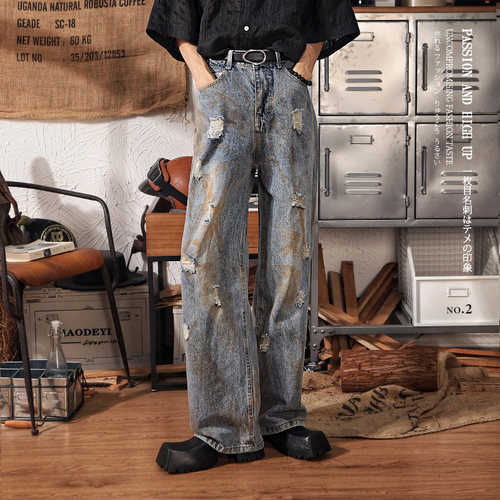 设计感破洞dirtyfit直筒裤夏季