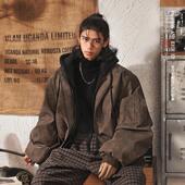 日系复古假两件飞行夹克棉服外套男2026冬季 保暖麂皮绒连帽棉衣男