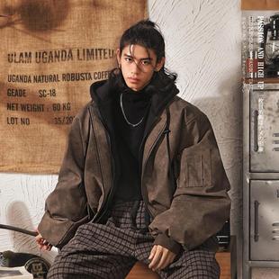 日系复古假两件飞行夹克棉服外套男2026冬季 保暖麂皮绒连帽棉衣男