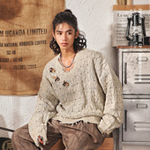 日系复古慵懒松弛感V领毛衣男秋冬小熊流苏破洞痞帅羊毛针织衫 男